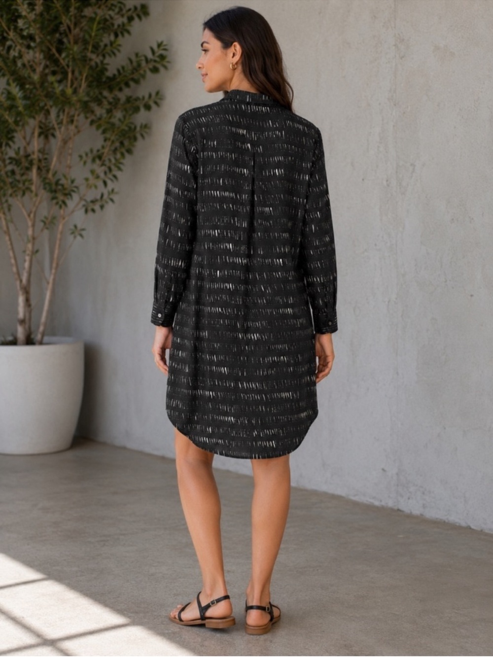 Eileen Fisher Silk Organic Cotton Black Printed Shirt Dress Large - Picture 2 of 9